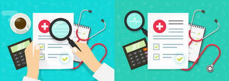 Medical insurance card healthcare vector with doctor hands research analysis diagnosis or patient record data information form document from clinic hospital on office table top view imageのイラスト素材