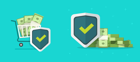 Money service safety icon vector shield or financial cash currency save insurance and protection, risk free and fraud guaranty sign, fund asset guard or monetary property investment defense imageのイラスト素材