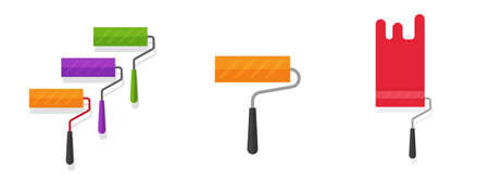 Paint roller wall green red orange color vector icon isolated flat object on white background, modern graphic clipart imageのイラスト素材