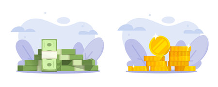 Money pile icon vector or coins stack heap 3d graphic, gold cash and paper currency banknote design cartoon flat sign illustration, wealth prize, penny or cent golden value set image closeupのイラスト素材