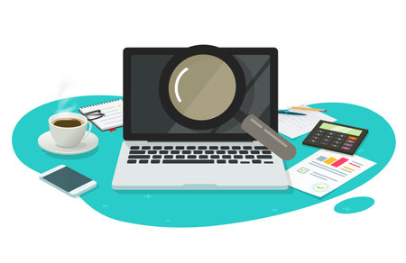 Research business online review via computer loupe vector or sales market analysis search and find development solution concept table top work desk 3d illustration, study discover or education focusのイラスト素材