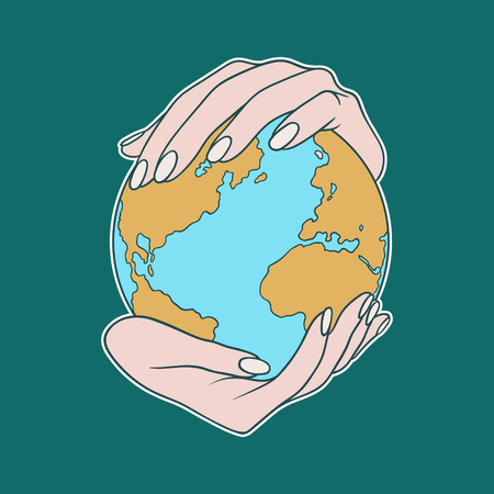 Two hands holding the planet  Earth. Flat cartoon vector illustration on a blue background. Can be used like a poster, symbol or icon for Earth day or Peace day or others.のイラスト素材
