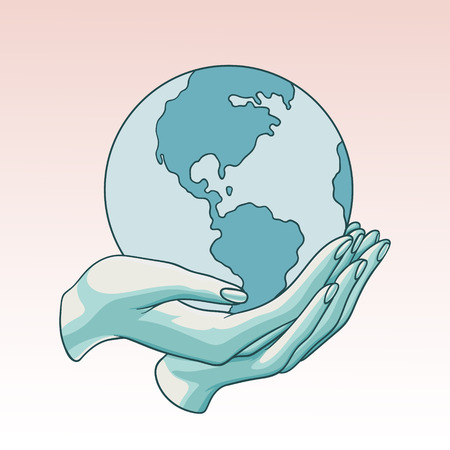 Two hands holding the planet  Earth. Flat cartoon vector illustration on a pinkbackground. Can be used like a poster, symbol or icon for Earth day or Peace day or others.のイラスト素材