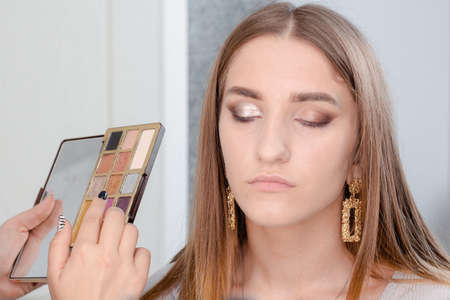 Professional makeup artist applies makeup to a beautiful girl model. The face of a girl with clean skin. Real life Makeup and Cosmetology concept. Wedding, evening, natural makeup.の写真素材