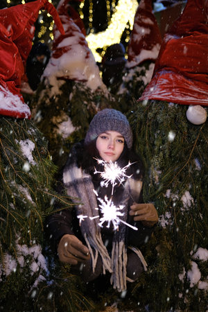 young beautiful happy Face of smiling girl posing. Christmas tree Happy New Year handling sparklers...