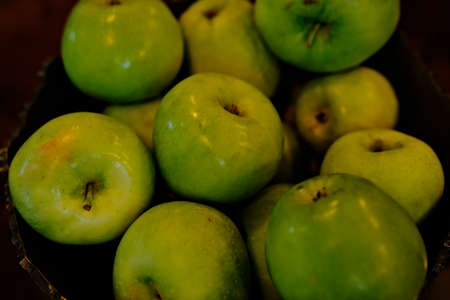 Green apple fruit backgrounds overhead perspective, healthy organic freshの写真素材