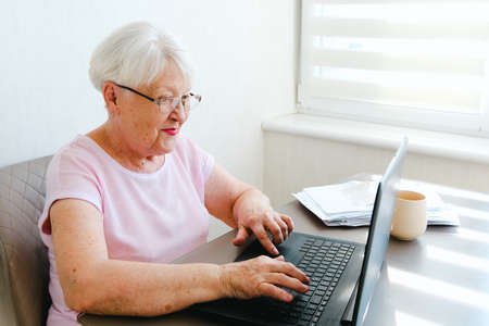 Smiling Aged Woman Relaxing In Kitchen With Laptop And Tea, Browsing Social Media Or Reading News Online, Free Space.の写真素材