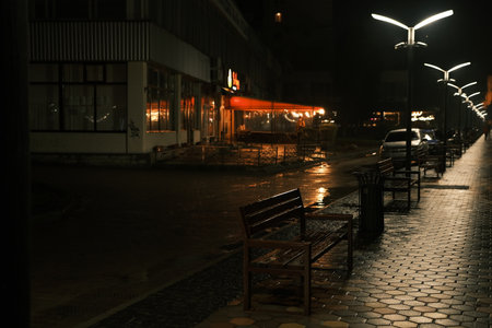 Rainy late evening in the park, a row of wooden benches, neon reflections of street lamps in wet asphalt.の写真素材