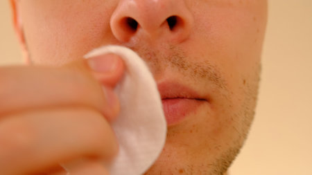 Man with herpes on lips against light grey background. Cold sore on a man lips. Sore virus concept. Man treat sore by cotton disk with antiseptic to remove old cream and prevent spreading of virus on the other parts of the skin.の写真素材