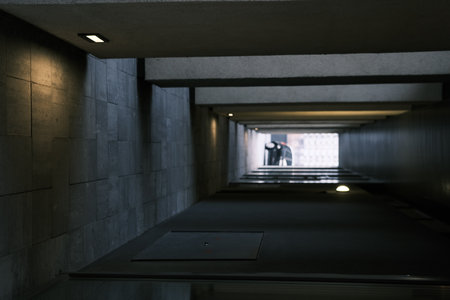 Long tunnel with columns in modern city architecture with low lights and grey colors with tile on the frloorの写真素材