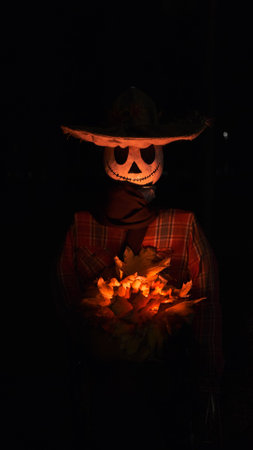A Halloween character with a pumpkin body and a white skull-like face wearing a hat, red shirt, and sweater holds glowing autumn yellow leaves in hands, creating an eerie and festive atmosphere.の写真素材