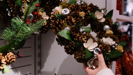 A woman carefully selects holiday home decor from a shop, choosing festive wreaths with pinecones and artificial pine branches, creating a cozy Christmas atmosphere.の写真素材