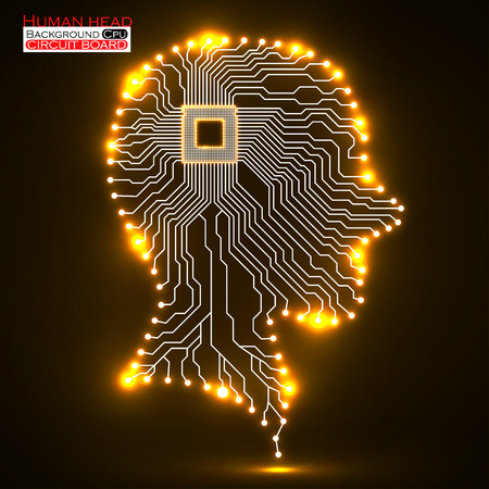 Neon human head. Cpu. Circuit board. Vector illustration. のイラスト素材
