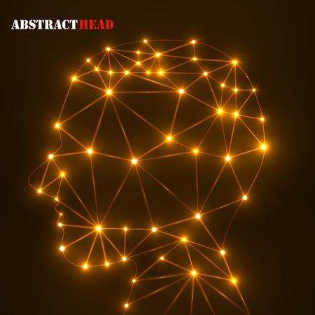 Abstract polygonal head with glowing dots and lines, network connections. のイラスト素材