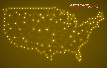 Abstract polygonal  map USA with glowing dots and lines, network connections. Vector illustration. のイラスト素材