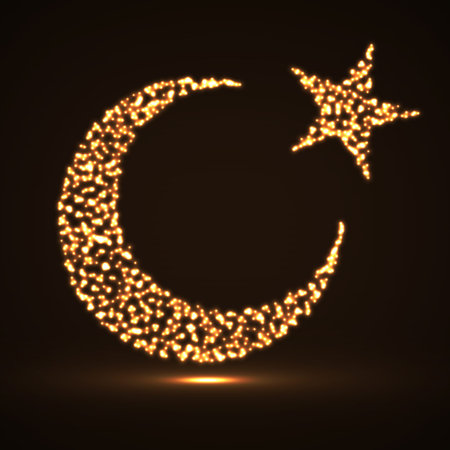 Abstract crescent moon and star of glowing particles. Religion symbol. Vectorのイラスト素材