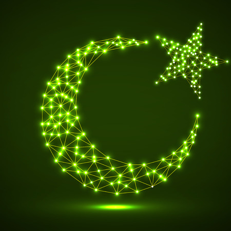 Abstract crescent moon and star from glowing polygonal lines and dots. Religion symbol. Vectorのイラスト素材