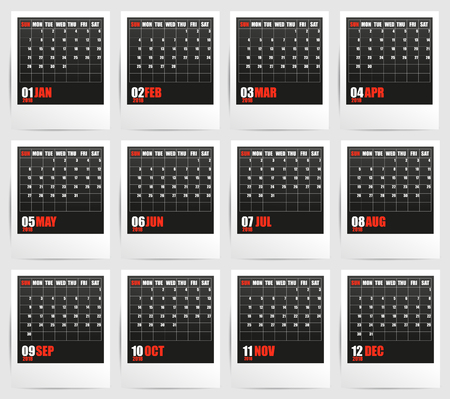 Calendar 2018 in frame with shadow. Week start on Sunday. Vectorのイラスト素材