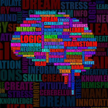 Abstract colorful silhouette human brain consists of colored words, Vector illustration. Eps 10