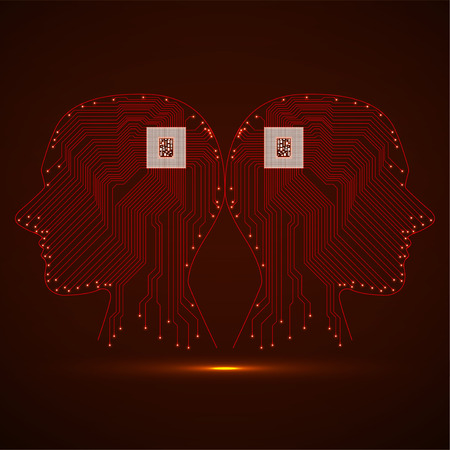Abstract neon two human head with cpu, circuit boardのイラスト素材
