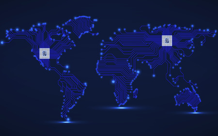 Abstract world map with cpu. Circuit board. Technology backgroundのイラスト素材
