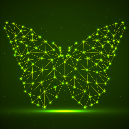 Abstract neon butterfly of lines and dots, glowing polygonal geometric structure. Vector designのイラスト素材