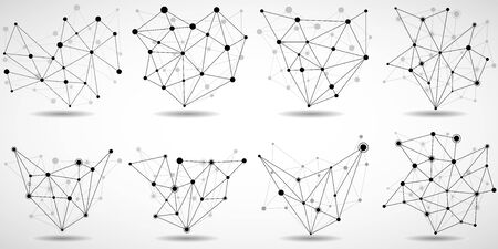 Set of wireframe mesh with dot and line, network connection, abstract formのイラスト素材