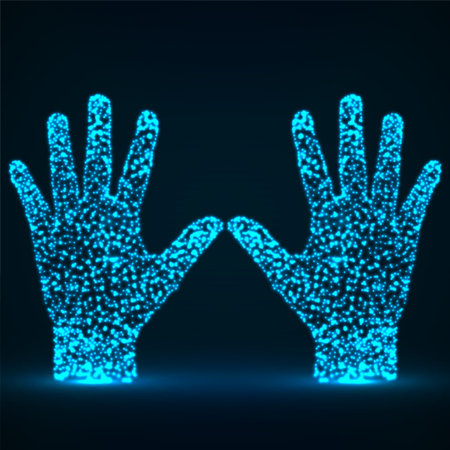 Abstract hands with luminous particles. Vector illustration.