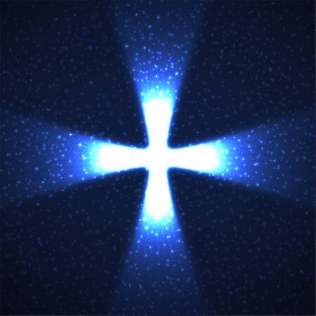 Abstract shining cross with glowing rays and particles. Religious symbol. Vector christian signのイラスト素材