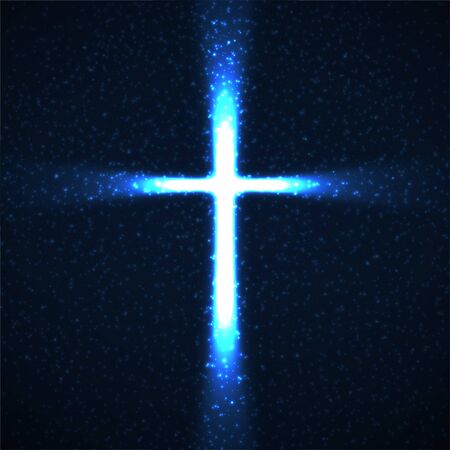 Abstract shining cross with glowing rays and particles. Religious symbol. Vector christian signのイラスト素材