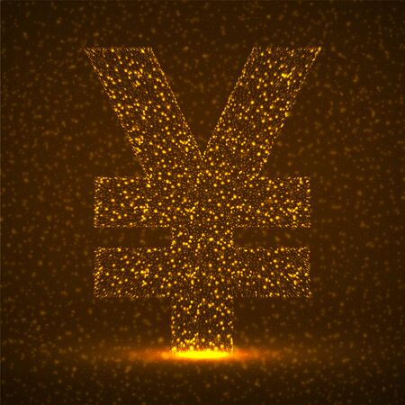 Abstract sign yuan of glowing particles. Neon financial symbol. Isolated vector illustrationのイラスト素材