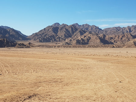 Landscape with mountains in Egypt. Rocky hills. Blue sky