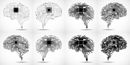 Set of abstract technological brain. Cpu. Circuit board. Vector illustrationのイラスト素材