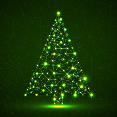 Abstract neon christmas tree with glowing lines and dots, vector illustrationのイラスト素材