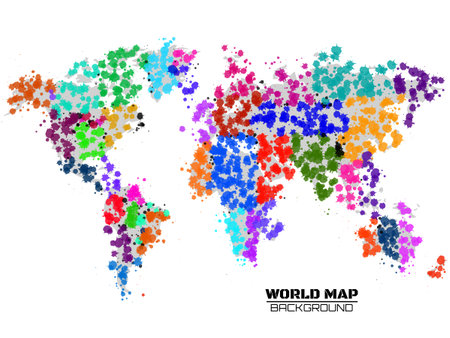 Abstract world map in the form of blots, colorful ink splashes, grunge splatters. Vector illustrationのイラスト素材