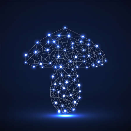 Polygonal mushroom of glowing dots, neon icon, vector illustrationのイラスト素材