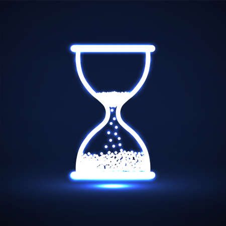 Neon hourglass isolated on white background. Glowing sand clock, time. Vector illustrationのイラスト素材