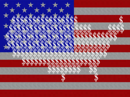 Abstract USA map with signs of the us dollar on background national flag. vector illustrationのイラスト素材