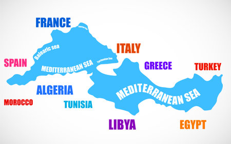 Mediterranean Sea. Map boundaries of the Mediterranean Sea with other countries. vector illustrationのイラスト素材