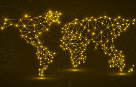 Abstract polygonal world map with glowing dots and lines, network connections. vector illustrationのイラスト素材