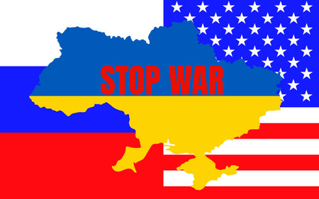 Ukraine map with national flag on background American and Russian flags. vector illustrationのイラスト素材