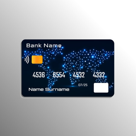Credit debit card with glowing world map design background. vector illustrationのイラスト素材