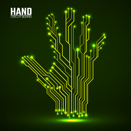 Abstract neon hand of circuit board, glowing technology concept. vector illustrationのイラスト素材