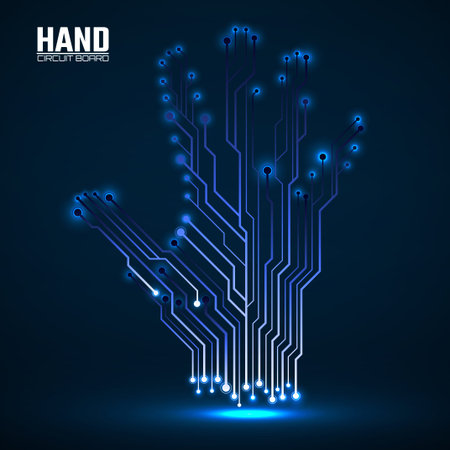 Abstract neon hand of circuit board, glowing technology concept. vector illustrationのイラスト素材