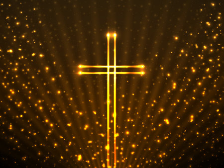 Glowing christian cross on background glitter particles and glowing rays . Religious symbol. Magic backdropのイラスト素材