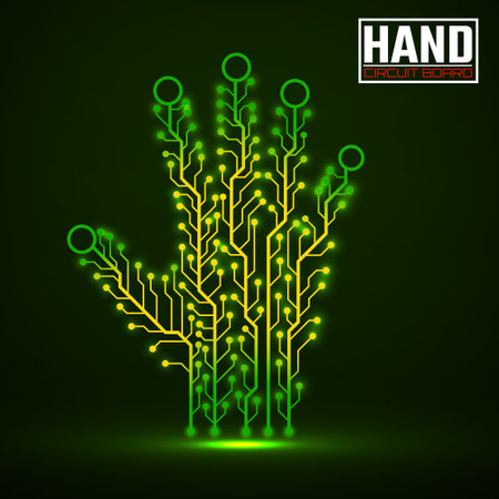 Abstract neon hand of circuit board, glowing technology concept. Vector illustrationのイラスト素材