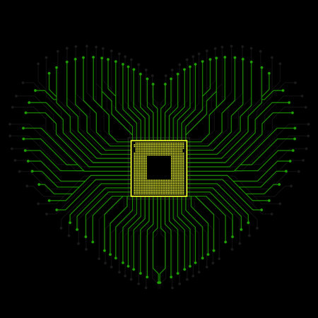 Abstract electronic circuit board in shape of heart, technology background, vector illustrationのイラスト素材