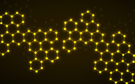 Hexagonal glowing molecules background, neon molecular structure of DNA. Vector illustrationのイラスト素材
