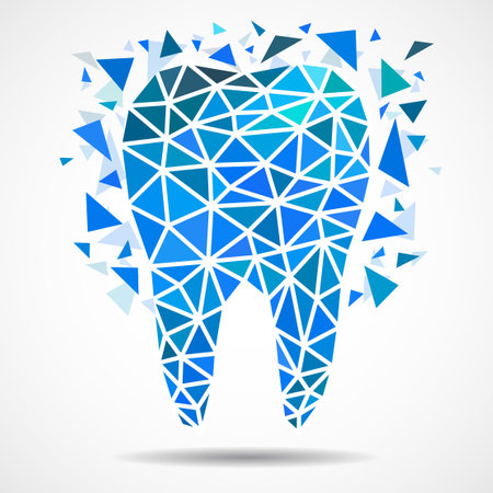 Polygonal tooth isolated on white background. Dental and orthodontics medical concept. Low poly style, vector illustrationのイラスト素材