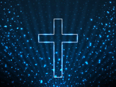 Glowing christian cross on background glitter particles and glowing rays. Religious symbol. Magic backdropのイラスト素材